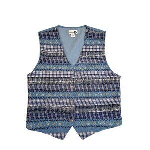 Vtg Paul Harris Vest Womens Blue Plaid Floral Embroidered Cotton Large Cottage